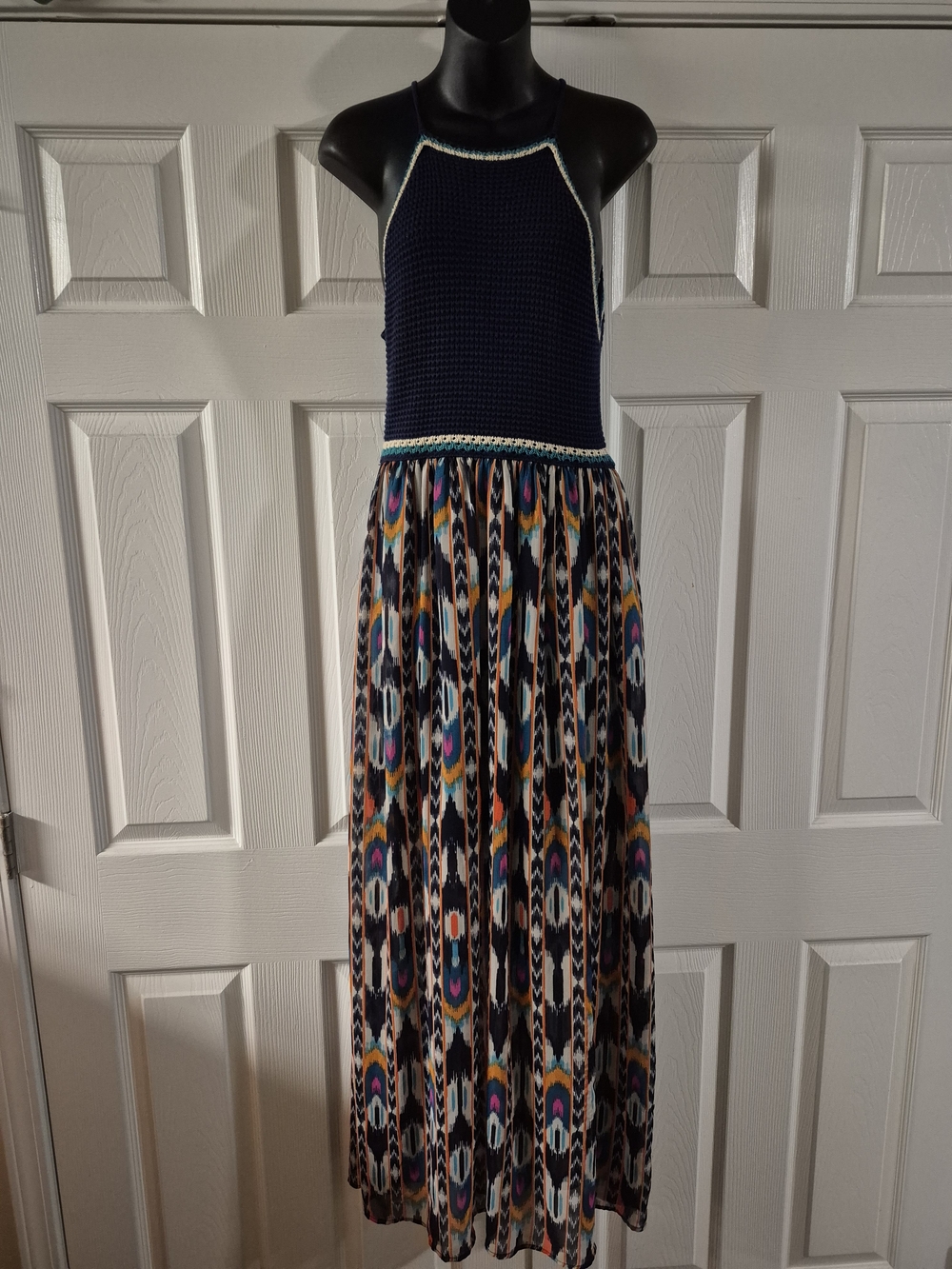 Xhilaration Navy Crochet Bodice Multicolor Printed Maxi Dress